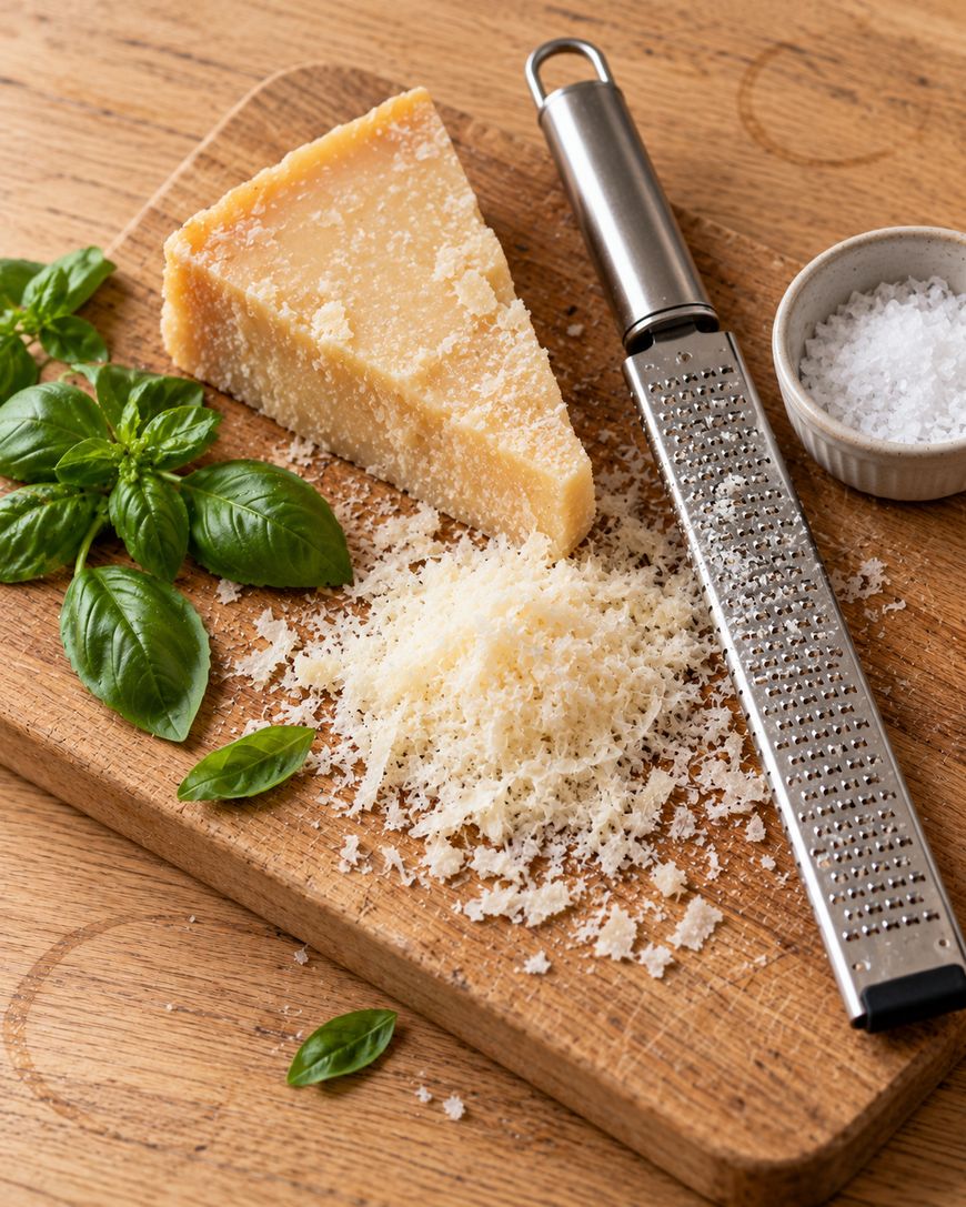A wedge of parmesan cheese, a pile of grated cheese, a metal grater, fresh basil leaves, and a small bowl of salt on a wooden cutting board.
