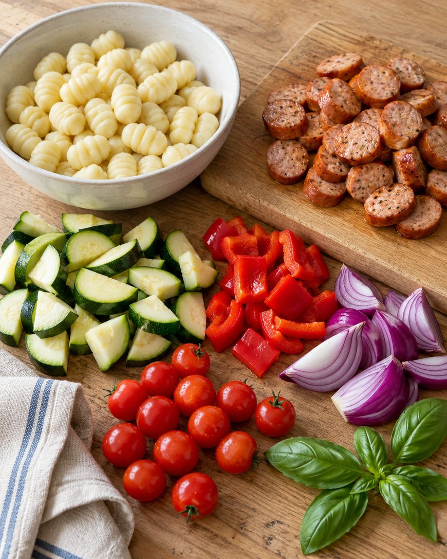A bowl of gnocchi, a wooden board of sliced sausage, and piles of chopped zucchini, red bell pepper, red onion, cherry tomatoes, and basil leaves on a wooden surface.