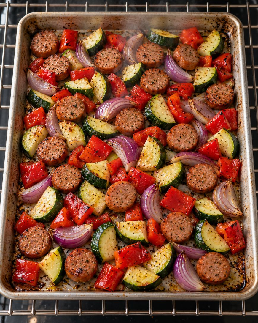 Sheet pan of roasted sausage slices, zucchini, red bell pepper, and red onion.