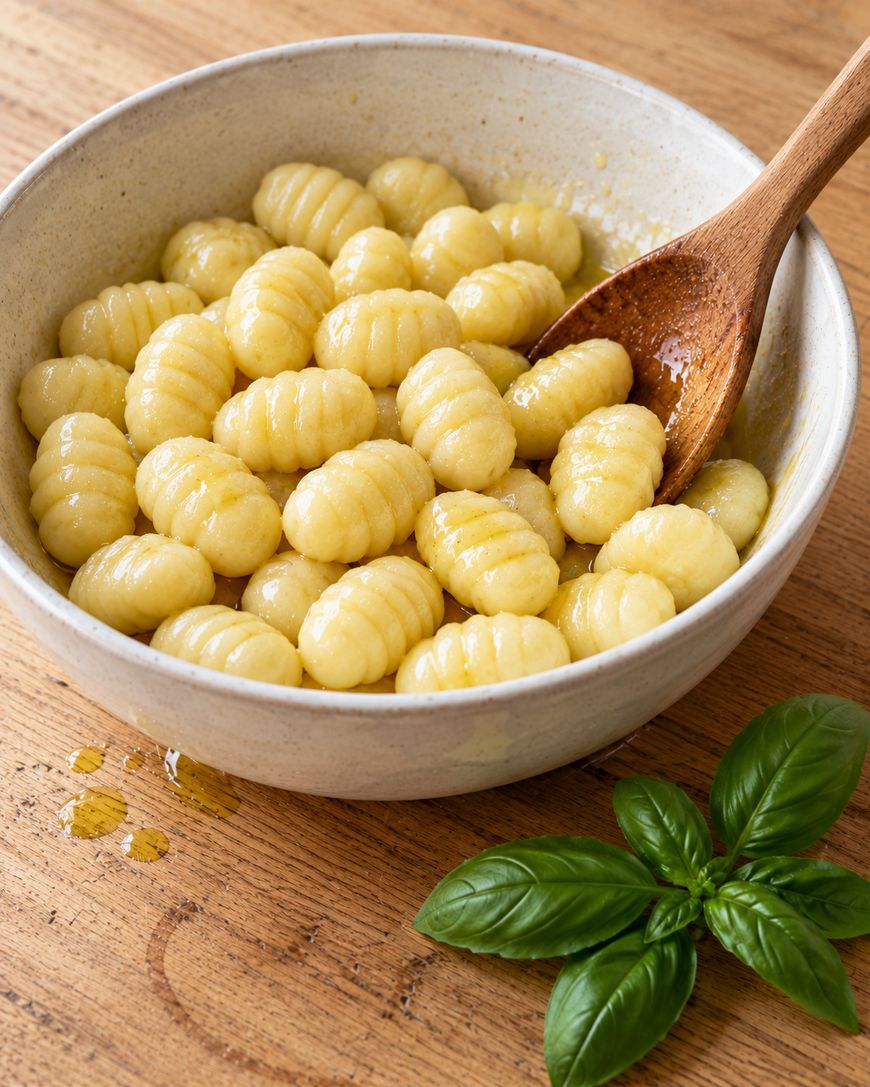 A ceramic bowl of gnocchi tossed in oil with a wooden spoon, sitting on a wooden surface next to a sprig of basil.