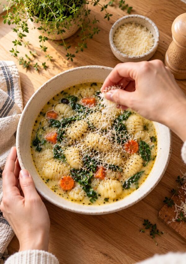 A hand sprinkles grated parmesan over a bowl of gnocchi soup with carrots and greens.