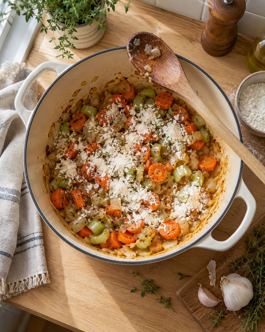 A white enameled cast iron pot containing sautéed carrots, celery, and onions dusted with flour, with a wooden spoon resting inside.