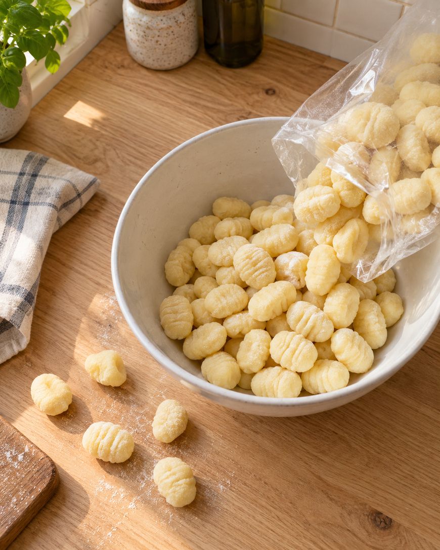 A plastic bag pouring uncooked potato gnocchi into a white bowl on a wooden surface.