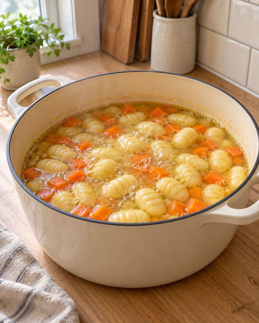 A creamy soup with gnocchi and diced carrots simmering in a white Dutch oven.