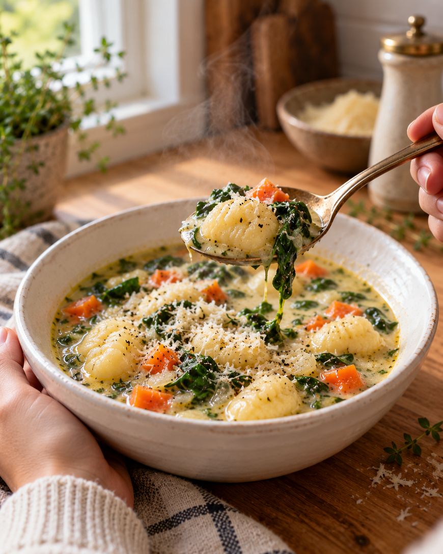 A person holding a bowl of steaming gnocchi soup with spinach and carrots, lifting a spoonful of the creamy dish toward the camera.