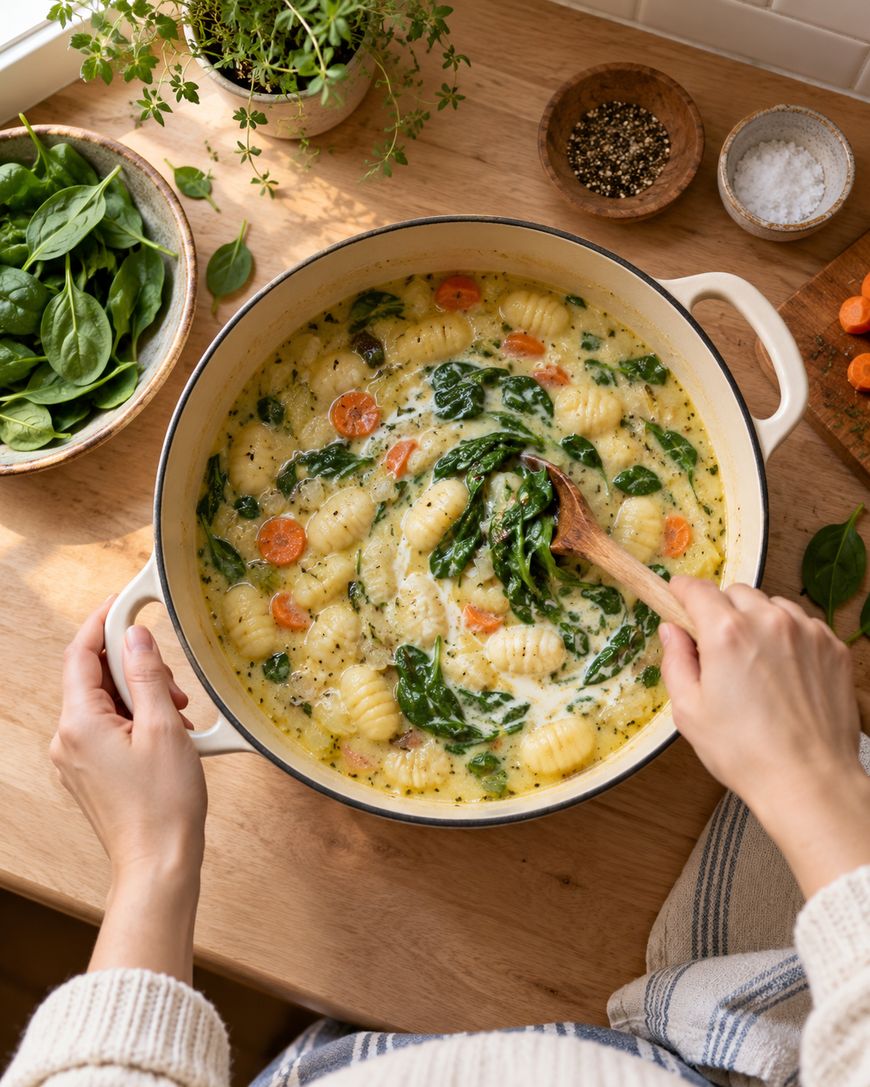 Hands stirring a creamy gnocchi soup with spinach and carrots in a large pot on a wooden table.