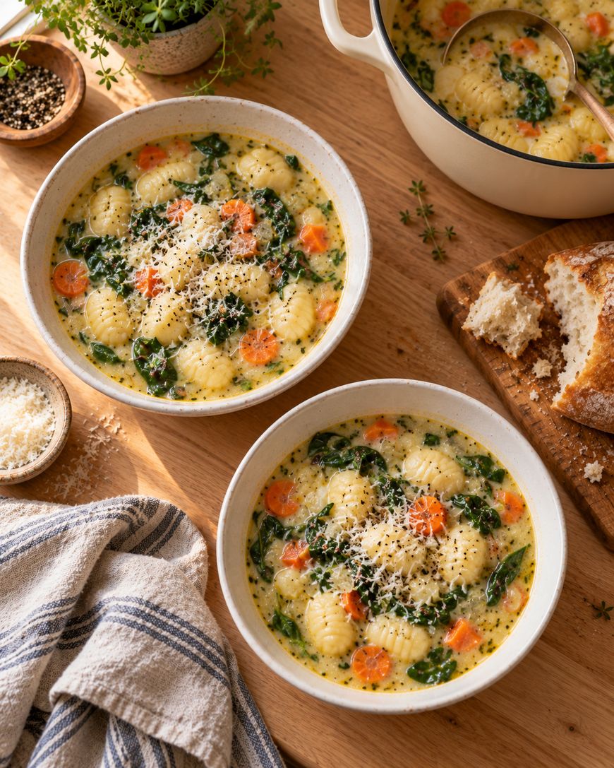 Two bowls of creamy gnocchi soup with carrots and spinach, served with a side of crusty bread.