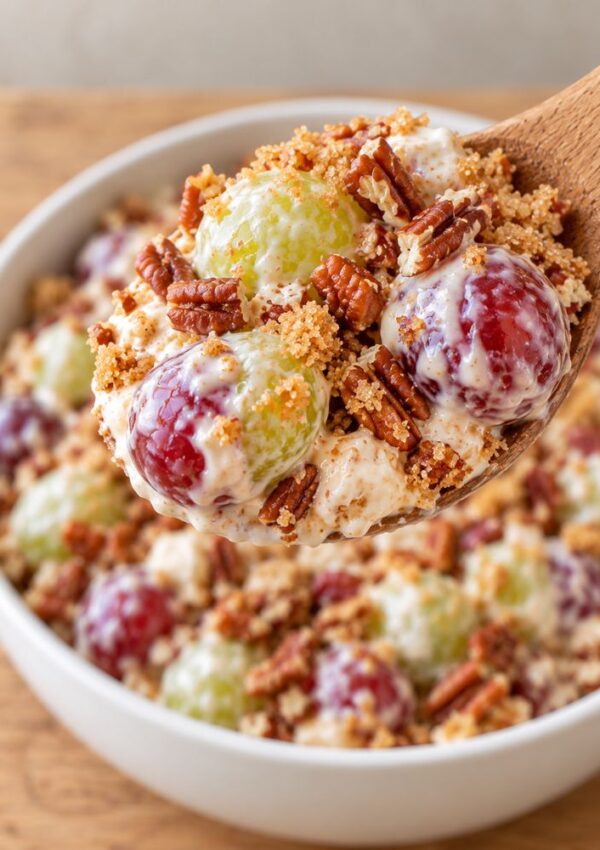A wooden spoon lifts a portion of creamy grape salad topped with pecans and brown sugar from a white bowl.