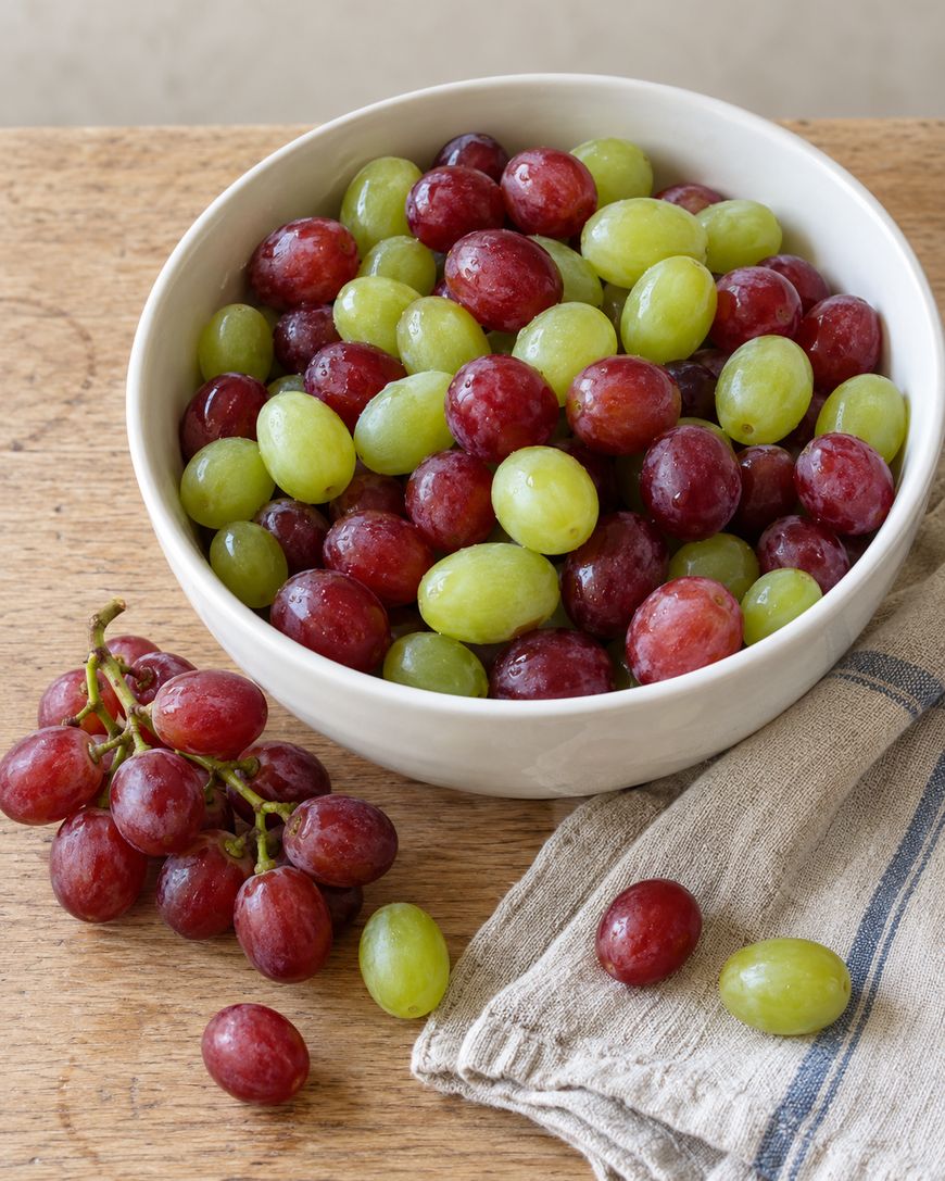 A white bowl filled with red and green grapes on a wooden surface, with a cluster and two loose grapes sitting next to a striped cloth.