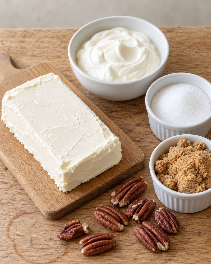A block of butter on a wooden board, bowls of cream, white sugar, and brown sugar, and a scattering of pecan halves.