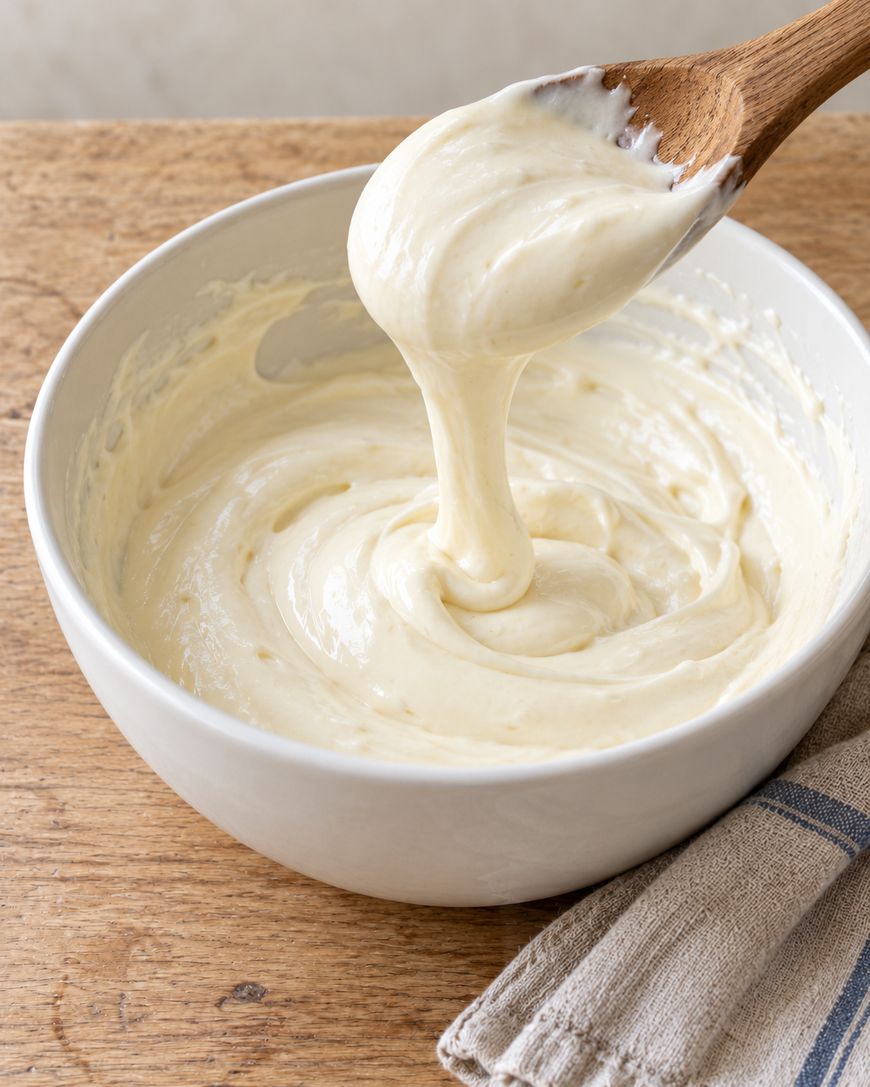 A wooden spoon lifts thick, creamy batter from a white bowl.