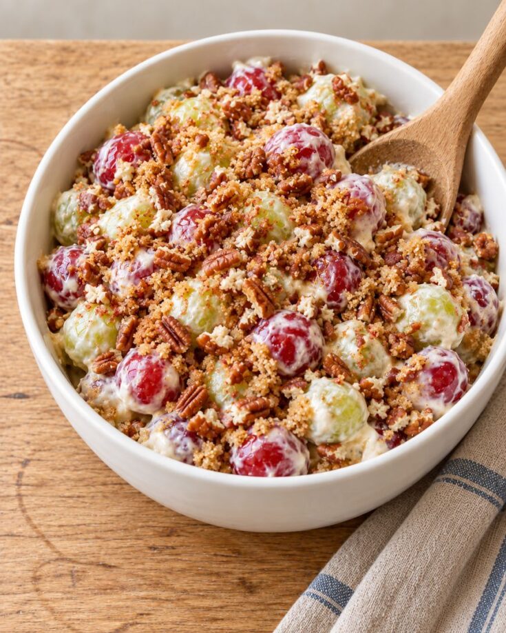 A bowl of grape salad made with red and green grapes, topped with pecans and brown sugar, with a wooden spoon tucked inside.