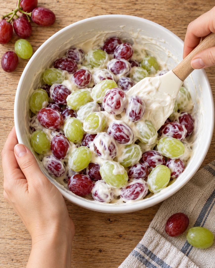 A white bowl of red and green grapes mixed with a creamy dressing, being stirred by a hand with a silicone spatula.