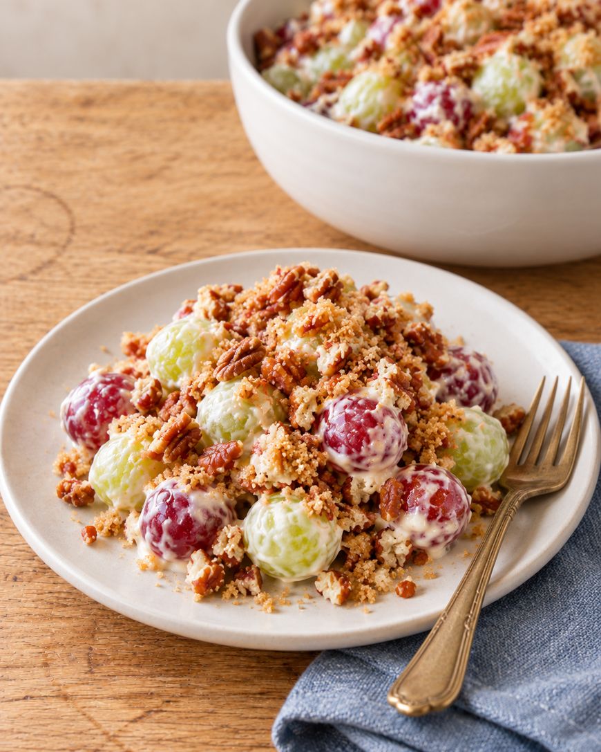 A serving of grape salad topped with chopped pecans and crumbled topping on a plate with a fork, with a larger bowl in the background.