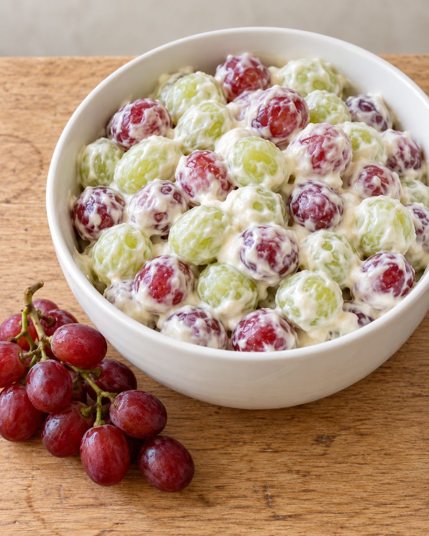 A white bowl filled with red and green grapes coated in a creamy dressing, next to a small cluster of fresh red grapes.
