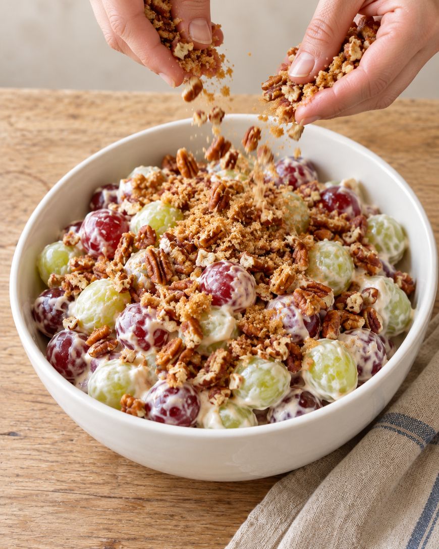 Hands sprinkling chopped pecans over a creamy fruit salad of red and green grapes in a white bowl.