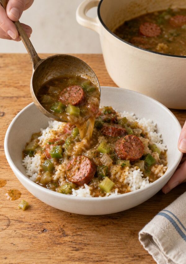 A hand pours gumbo with sliced sausage, green peppers, and onions from a ladle over a bowl of white rice, with a large pot of gumbo in the background.