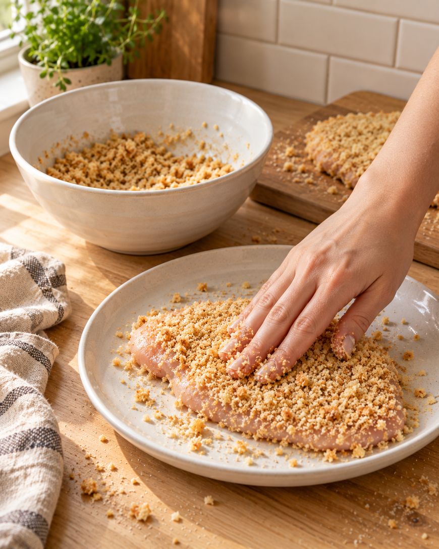 A hand presses breadcrumbs onto a raw chicken cutlet on a plate, with another bowl of breadcrumbs and a potted herb in the background on a sunlit kitchen counter.