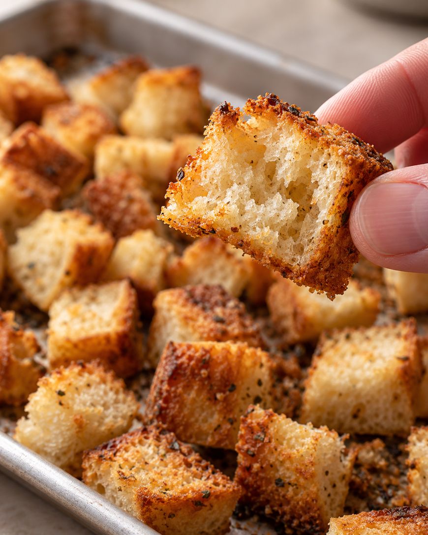 A hand holds a seasoned, golden-brown crouton above a baking sheet filled with more croutons. The croutons look crispy and freshly baked.