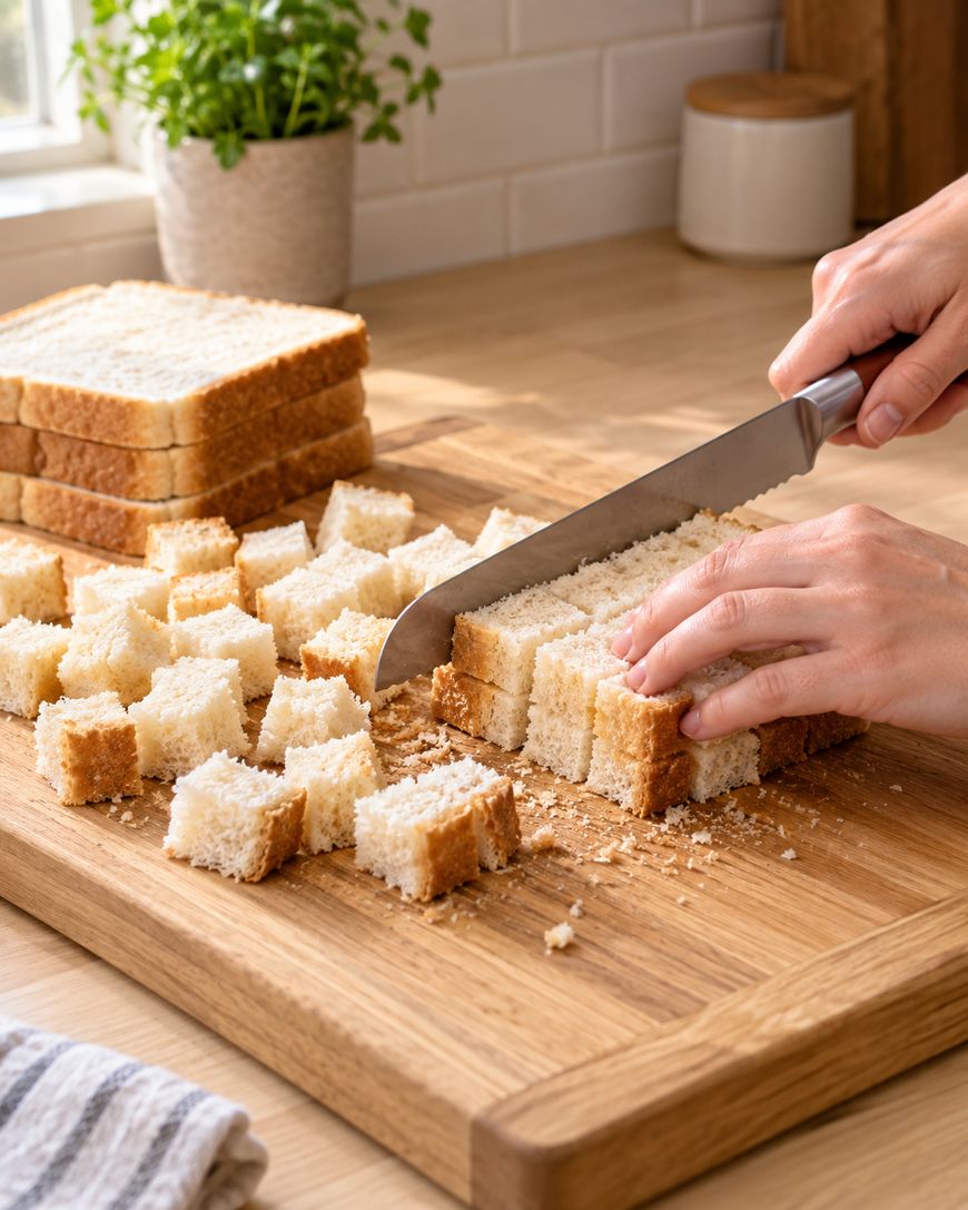 A person slices white bread into cubes on a wooden cutting board in a sunlit kitchen, with a stack of already cubed bread and a potted plant visible in the background.