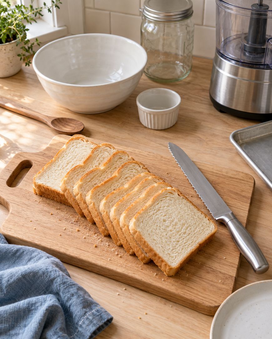 Sliced bread on a wooden cutting board with a serrated knife, on a kitchen counter surrounded by bowls, a towel, jars, and a food processor.