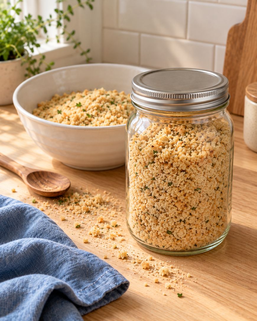 A jar filled with seasoned breadcrumb mixture sits on a wooden counter, with some crumbs scattered around. In the background, a bowl of the same mixture, a wooden spoon, and a blue cloth are visible.