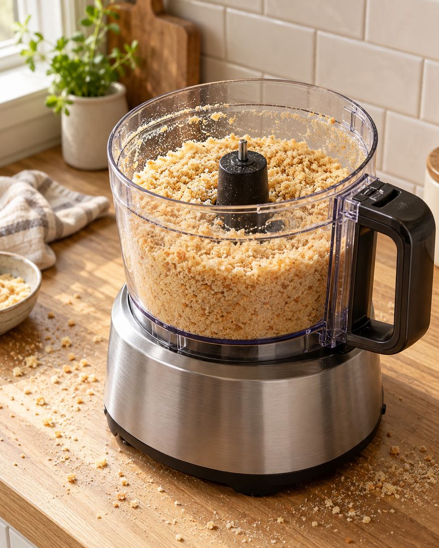A food processor with crumbs inside and scattered on a wooden kitchen counter, with a towel, bowl, potted plant, and cutting board in the background.
