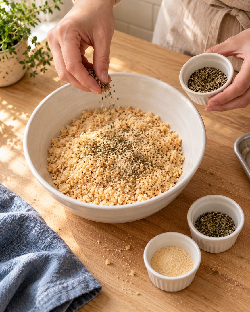 A person sprinkles dried herbs into a bowl of breadcrumbs on a wooden table, with small bowls of various seasonings nearby.