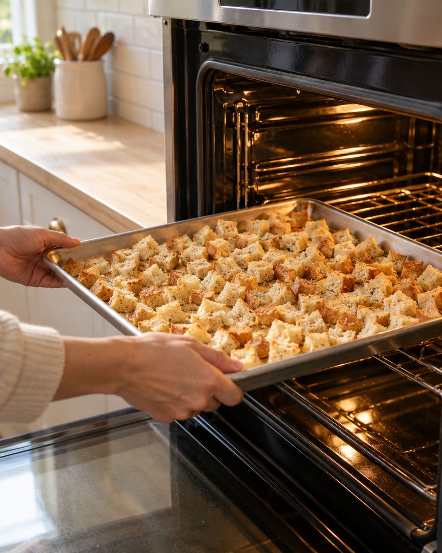 A person places a tray of seasoned bread cubes into an open oven, preparing to bake homemade croutons in a bright, modern kitchen.
