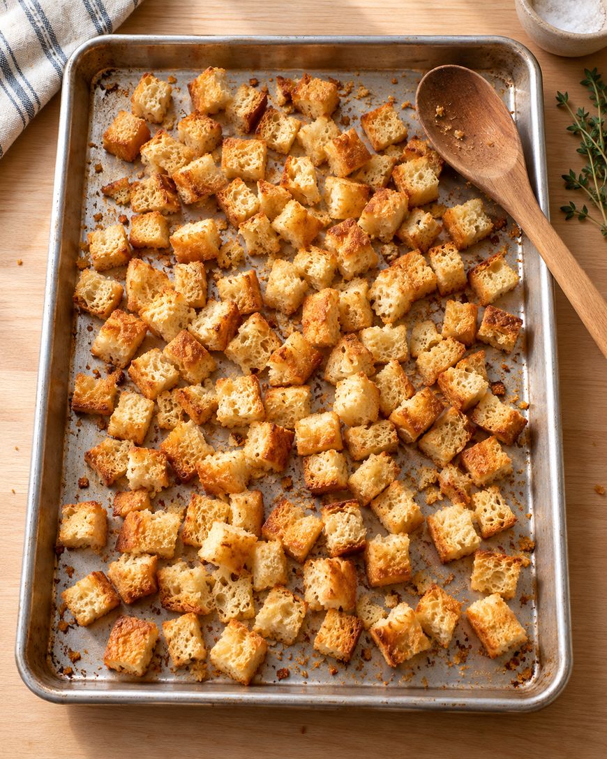 A baking sheet filled with golden, crispy croutons next to a wooden spoon, fresh thyme, and a salt container on a wooden surface.