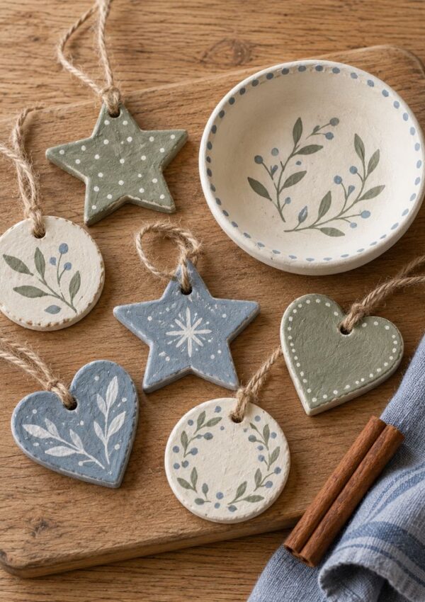 A collection of hand-painted clay ornaments featuring stars, hearts, and circles, displayed on a wooden board next to a small bowl and two cinnamon sticks.
