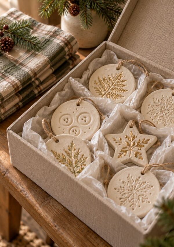 A box lined with tissue paper filled with six handmade clay ornaments featuring snowflake, leaf, and button patterns.