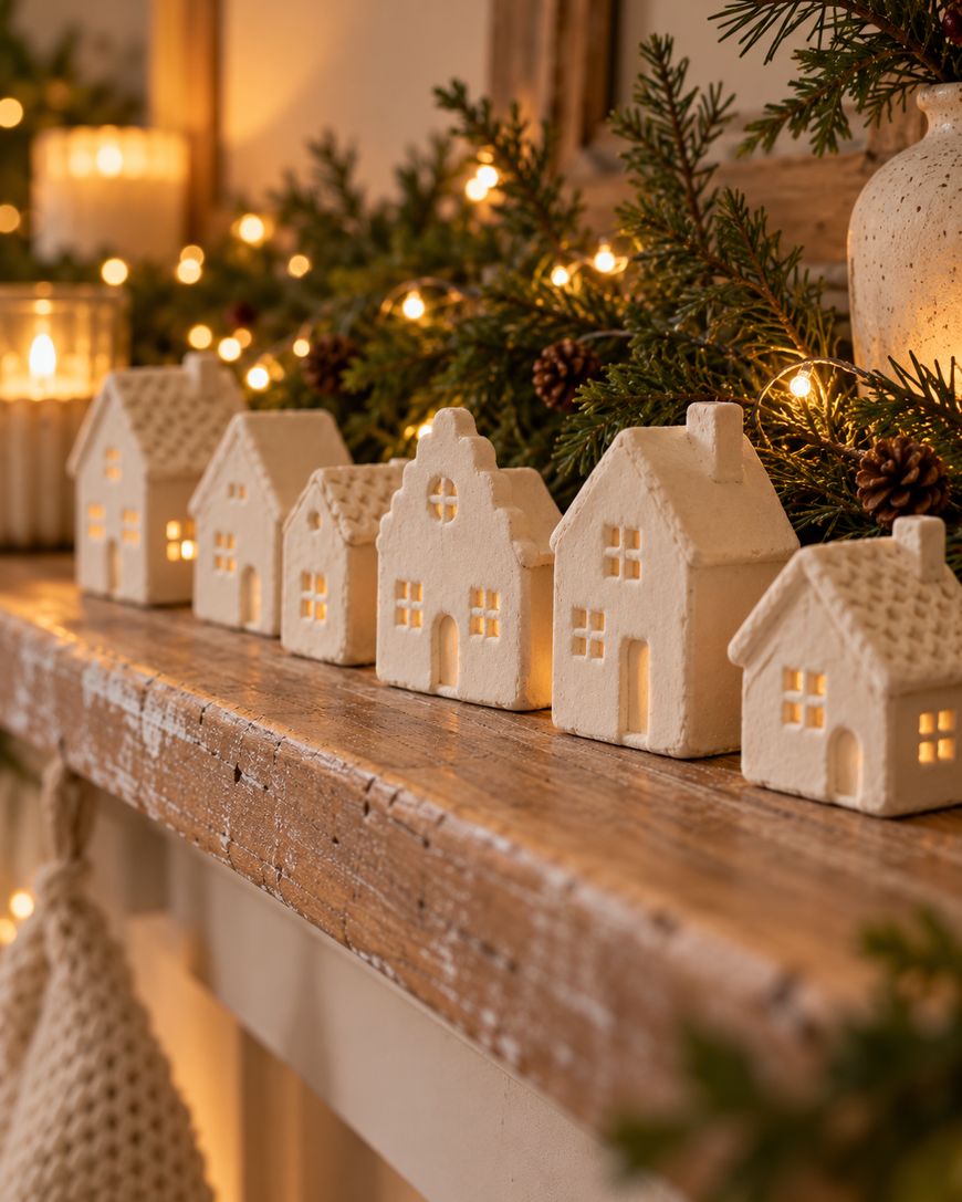 A row of small, illuminated white ceramic house figurines sitting on a wooden mantelpiece in front of evergreen garland and fairy lights.