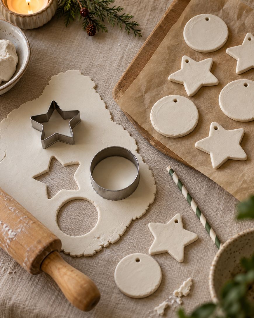 Rolled-out clay on a table with star and circle cookie cutters, a rolling pin, and a baking sheet of cut-out clay ornaments.