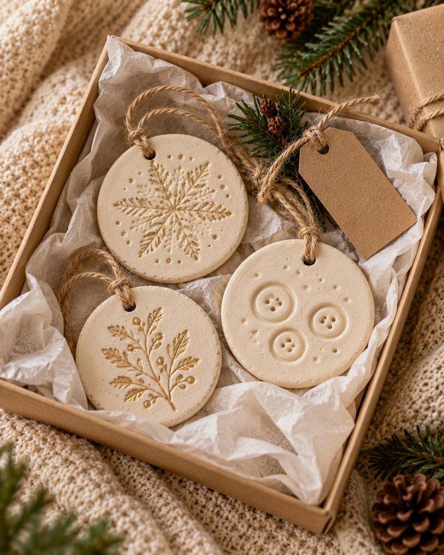 Three round clay ornaments with snowflake, botanical, and button imprints, packaged in a gift box with a blank paper tag.