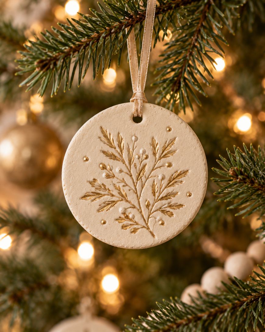 A round, cream-colored clay ornament hanging on a Christmas tree, featuring an embossed gold botanical design with small berries.