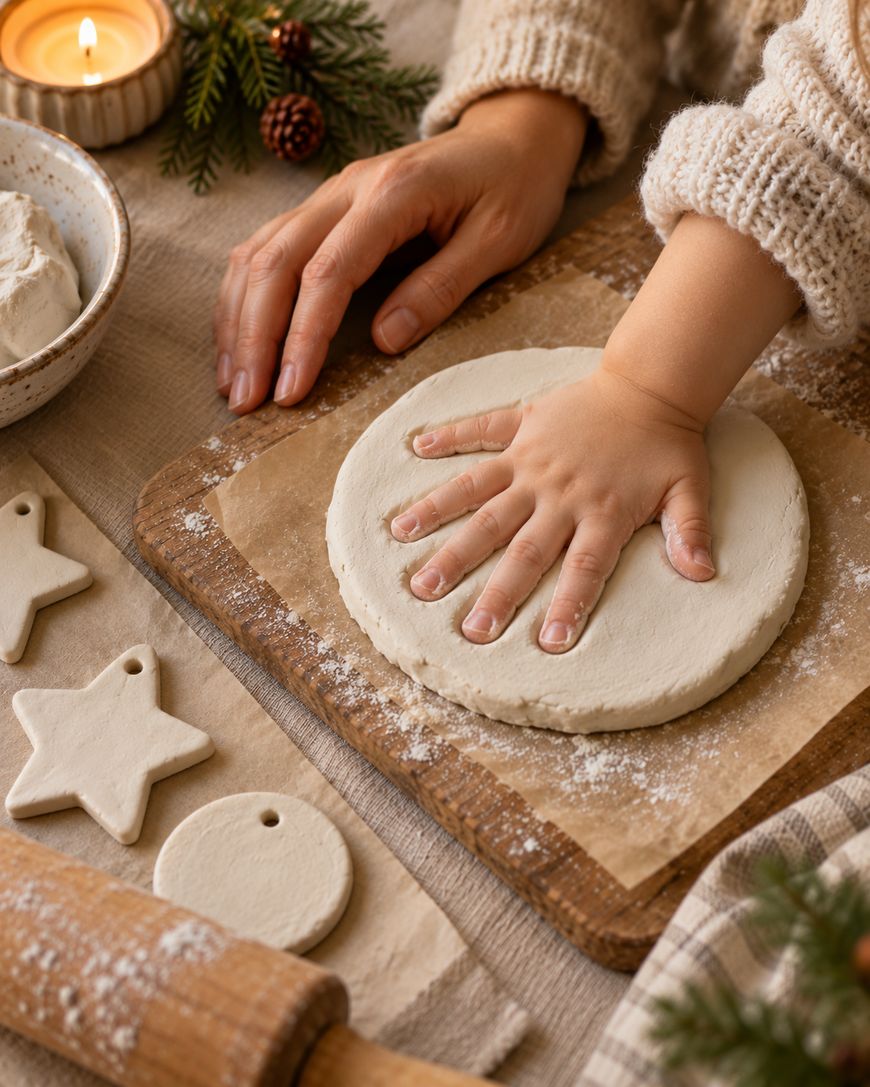 An adult and a child press their hands into a disc of dough on a wooden cutting board, with star and circle-shaped ornaments nearby.