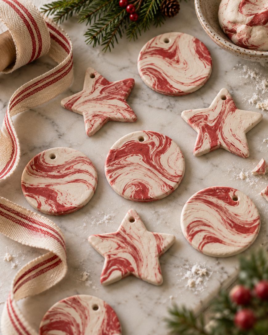 Red and white marbled clay ornaments in star and circle shapes laid out on a marble surface with striped ribbon and pine sprigs.
