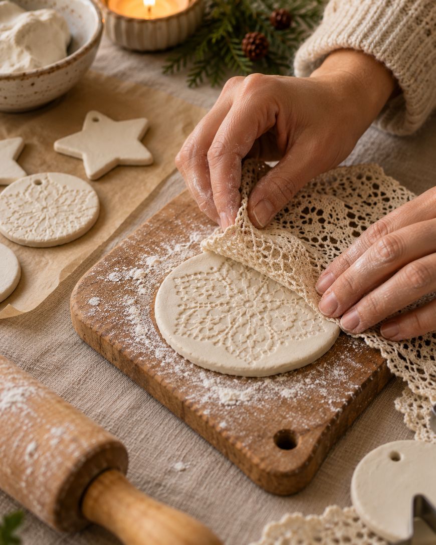 Hands pressing a piece of lace into a round clay ornament to create an embossed snowflake pattern on a wooden board.