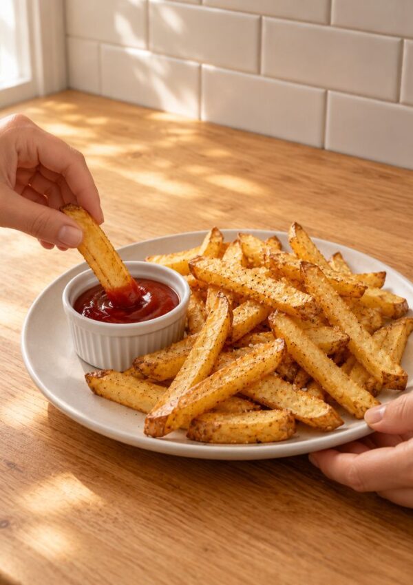 A hand dips a french fry into a small bowl of ketchup next to a plate of seasoned french fries.