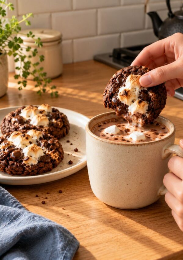 A hand dips a toasted marshmallow chocolate cookie into a mug of hot cocoa, with two similar cookies on a plate nearby.