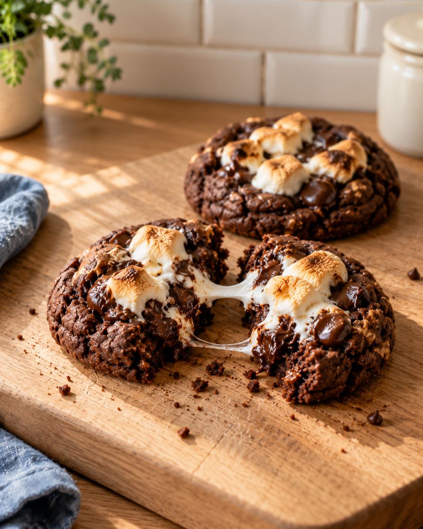 Two smores cookies on a wooden board, one pulled apart with melted marshmallow stretching between the halves.