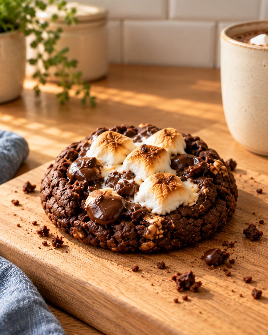 A chocolate smores cookie topped with toasted marshmallows and melted chocolate chunks on a wooden cutting board.