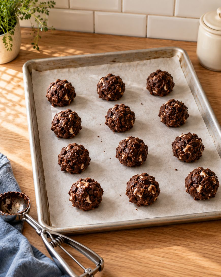 Twelve round portions of chocolate cookie dough on a parchment-lined baking sheet, with a metal cookie scoop to the side.