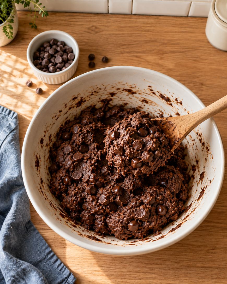 A wooden spoon lifts a portion of chocolate chip cookie dough from a large white mixing bowl.