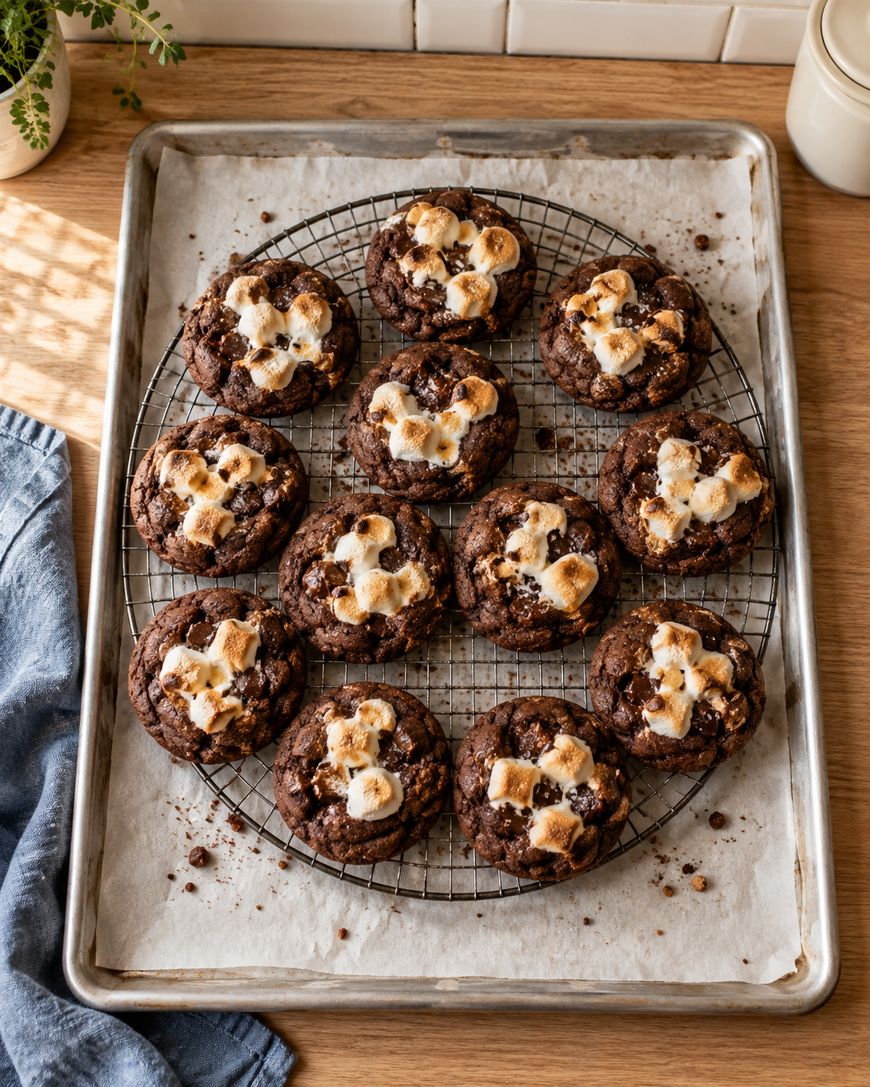 A wire cooling rack filled with twelve round chocolate smores cookies topped with toasted marshmallows, sitting on a parchment-lined baking sheet.