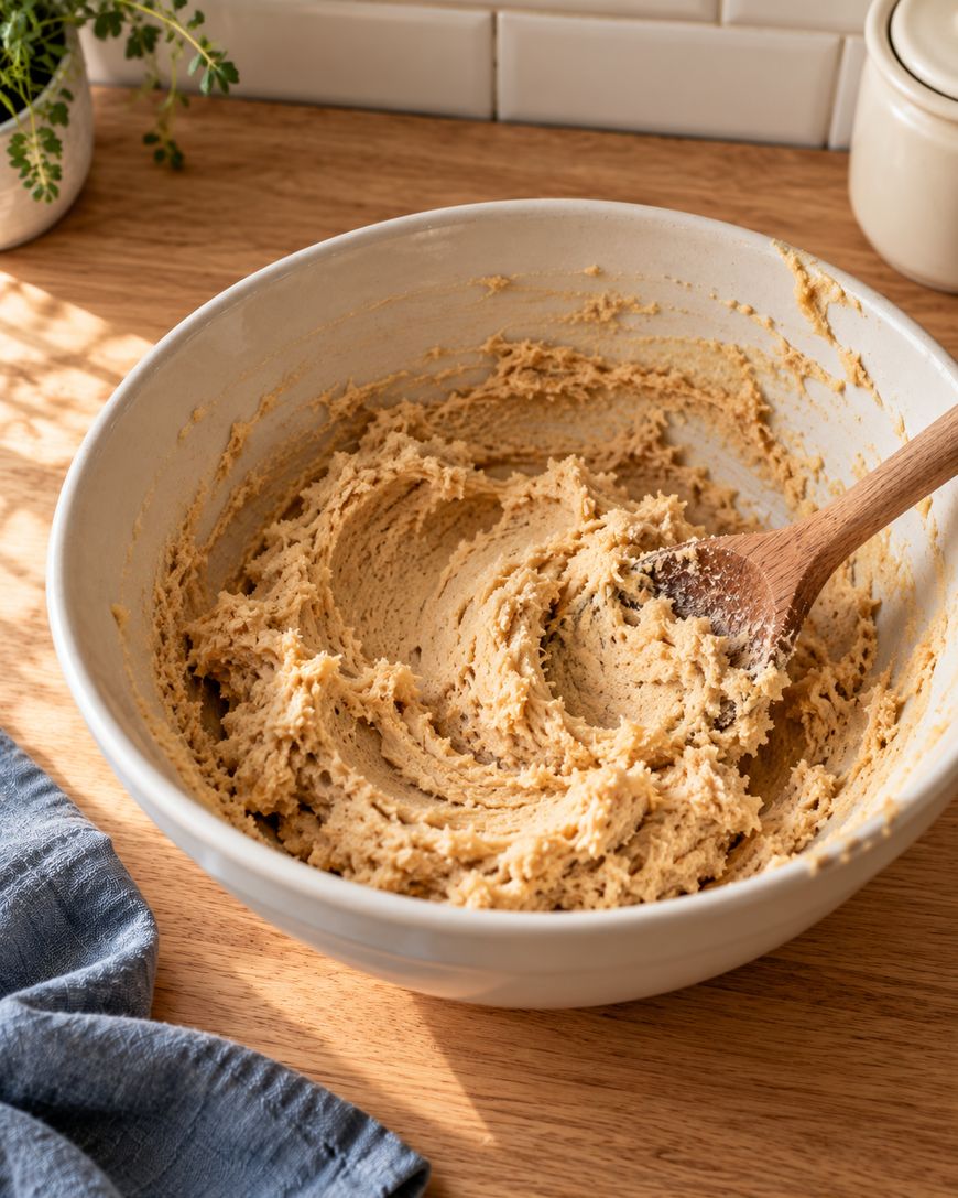 A wooden spoon stirring creamed butter and sugar in a large ceramic bowl on a wooden table.