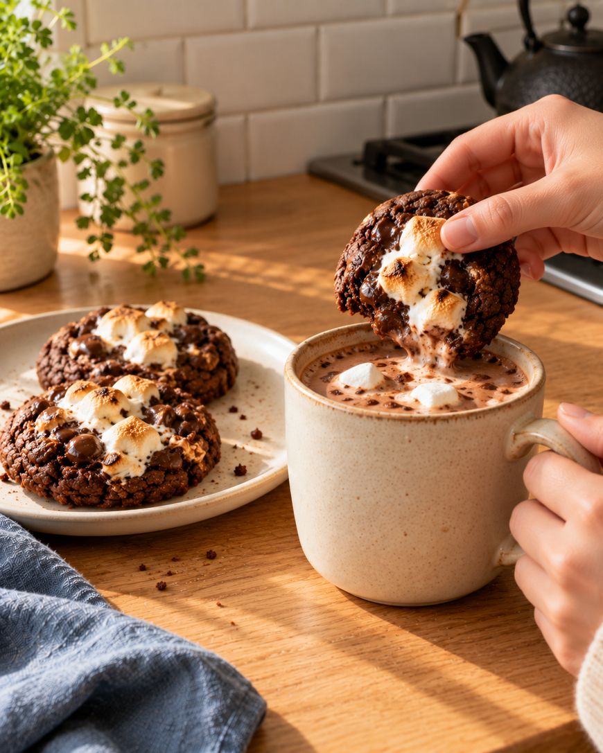 A hand dips a smores-style chocolate cookie into a mug of hot cocoa, with two similar cookies on a plate nearby.