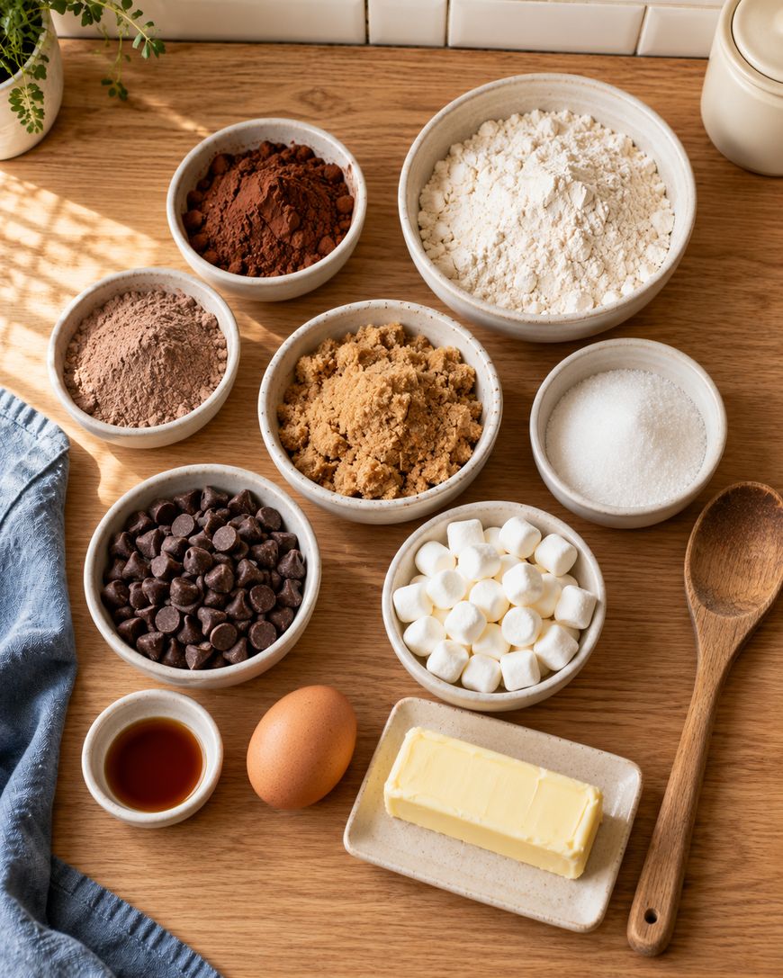 Bowls of baking ingredients including cocoa powder, flour, brown sugar, white sugar, chocolate chips, and marshmallows, with a raw egg, butter, vanilla extract, and a wooden spoon on a wooden surface.