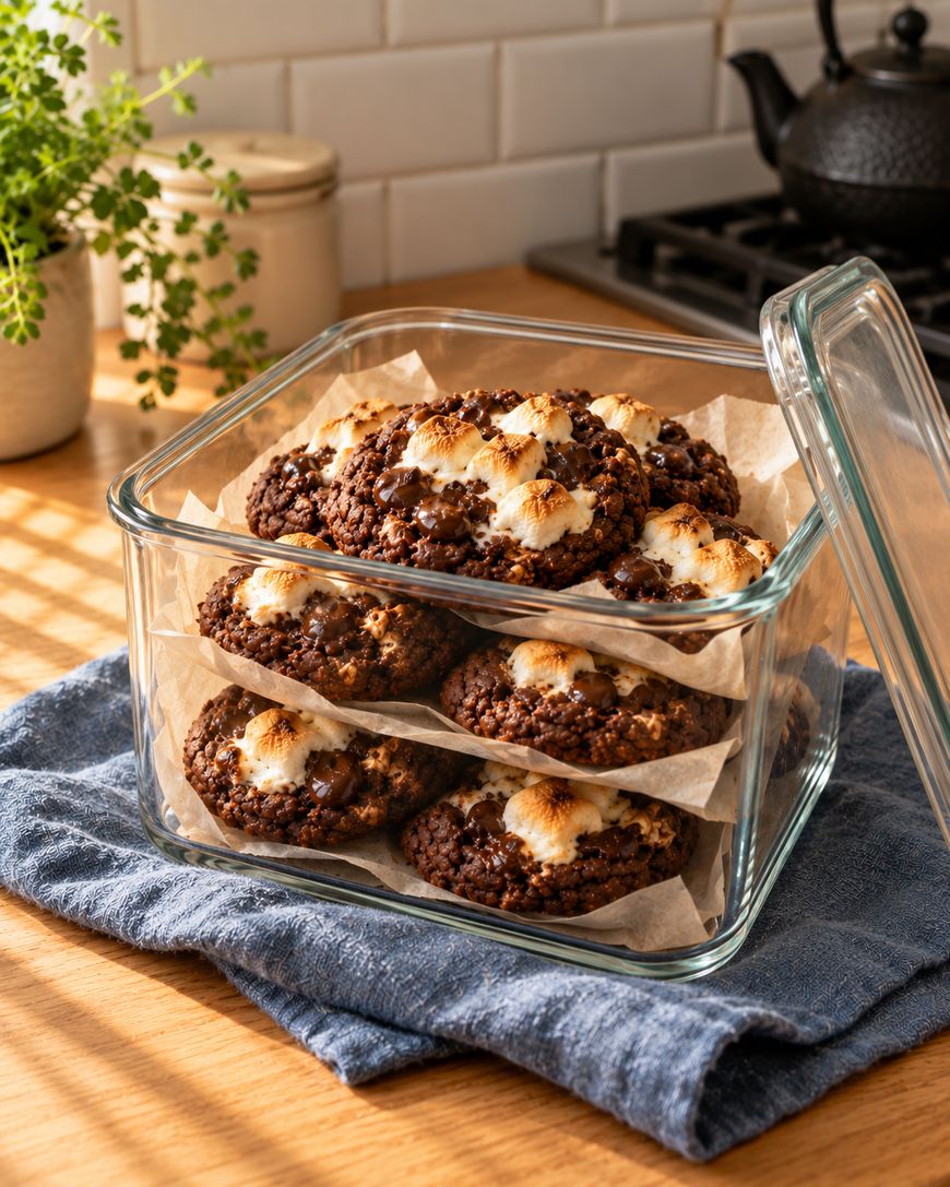 Glass container filled with chocolate smores cookies on parchment paper, resting on a blue cloth napkin.
